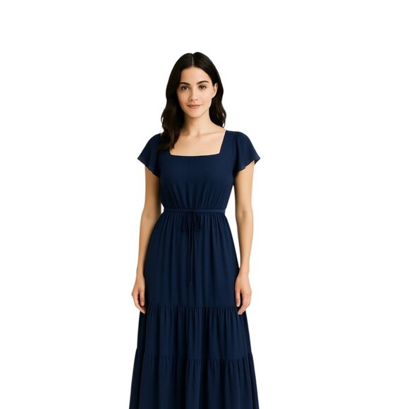 White By Vera Wang Ruffle Maxi Dress Navy Blue Size 2 Formal Party Wedding Guest - Picture 1 of 15